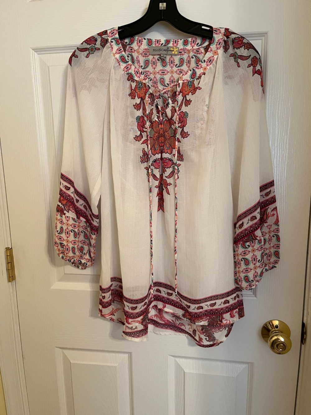 Figue White Tunic with Red Floral Border Print